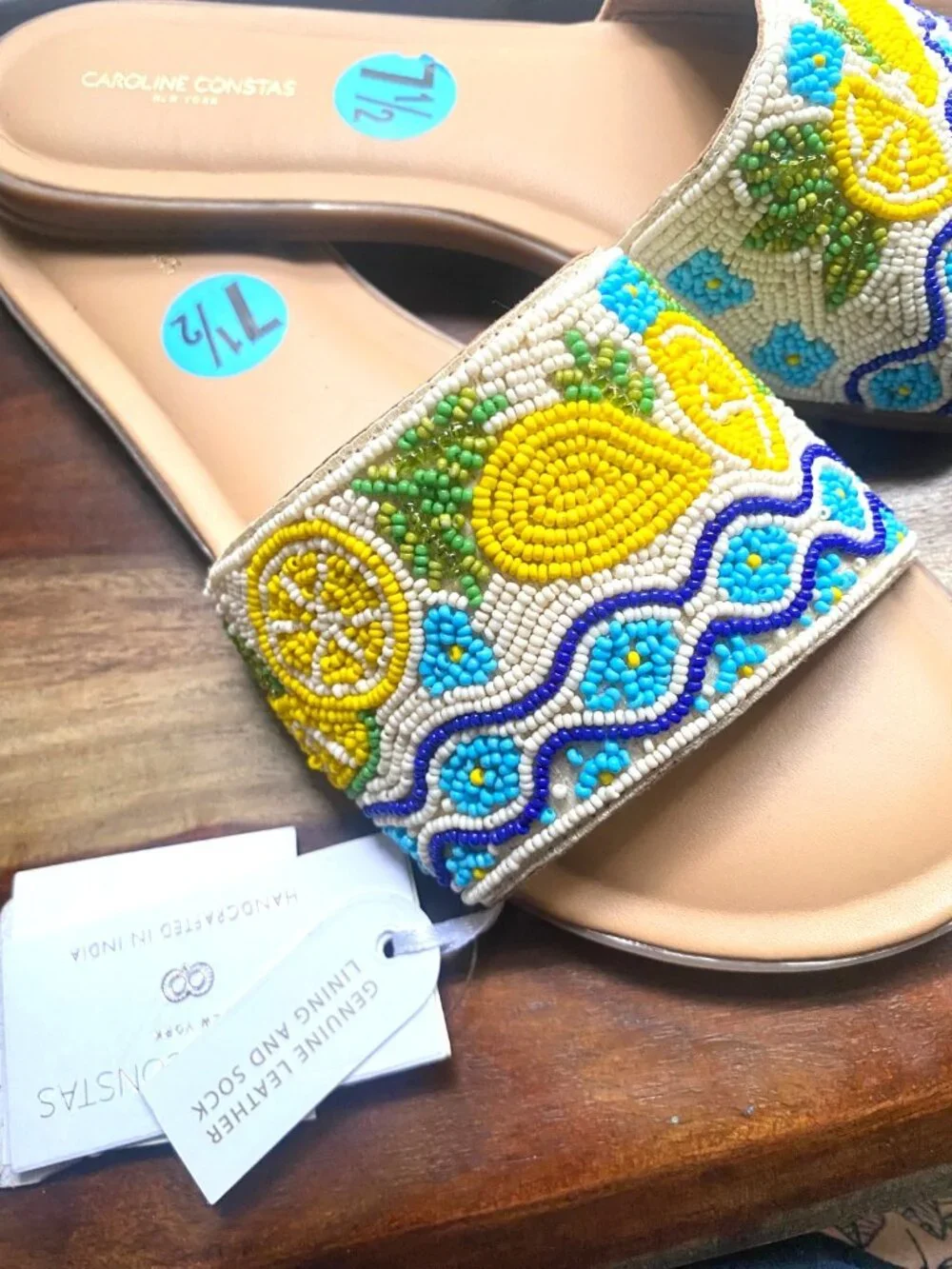 NWT Caroline Constas Lemon Beaded Leather Slide Sandals Women's